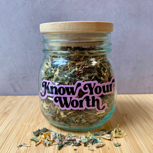 Know Your Worth Glass Tea Storage Jar